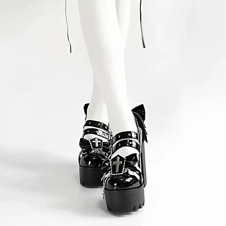 Gothic Punk Princess Heels with Chain & Bow Cross Accent