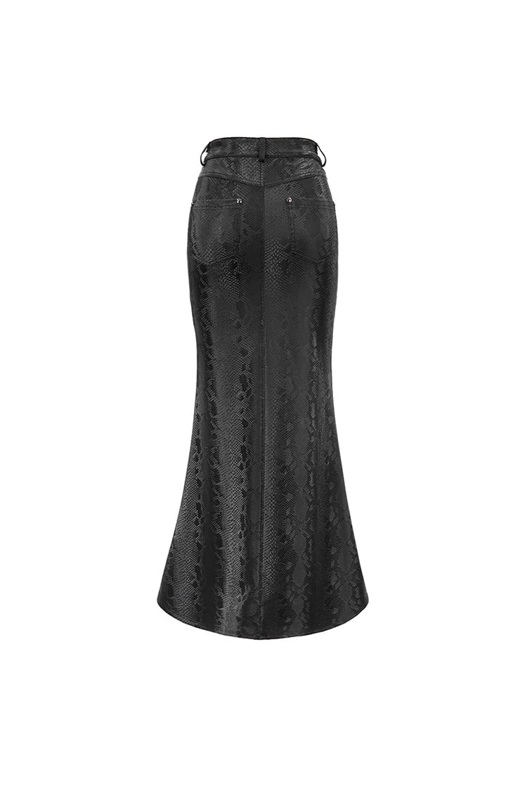 Leather-Like Side Slit Skirt with Lace-Up Rivets - Black Punk Long