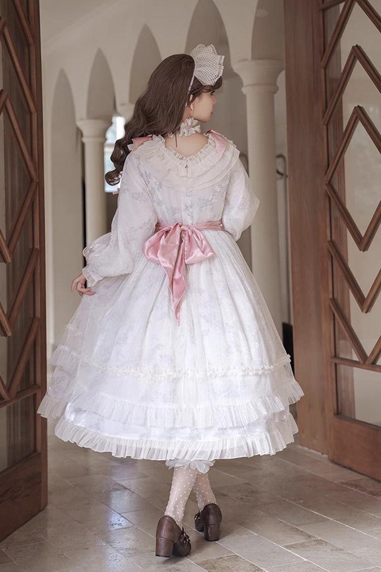 Ivory Rose Print Dress with Bowknot - Princess Lolita