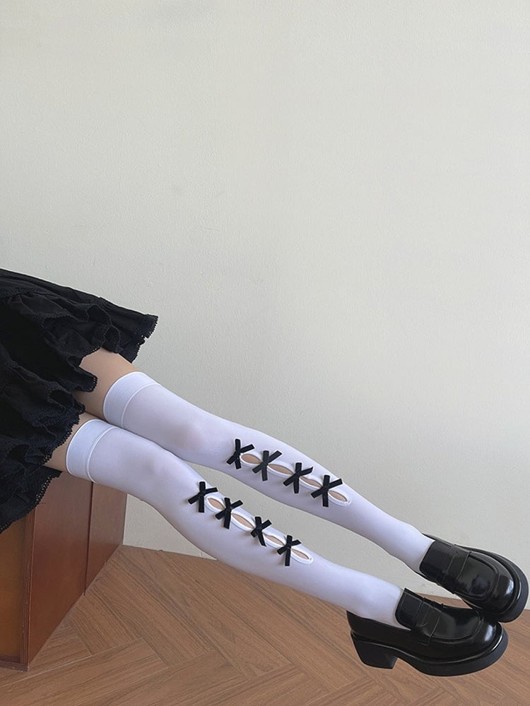 Black/White Overknee Design Cut-out Bowknot Stockings