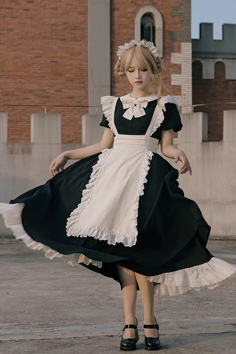 Monochrome Sweet Maid Dress with Ruffled Bow and Round Collar - Two Lengths
