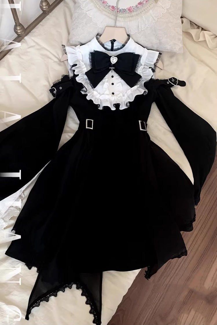 Stand Collar Off Shoulder Long Sleeves Ruffled Bow Lace Gothic Jirai Kei Dress