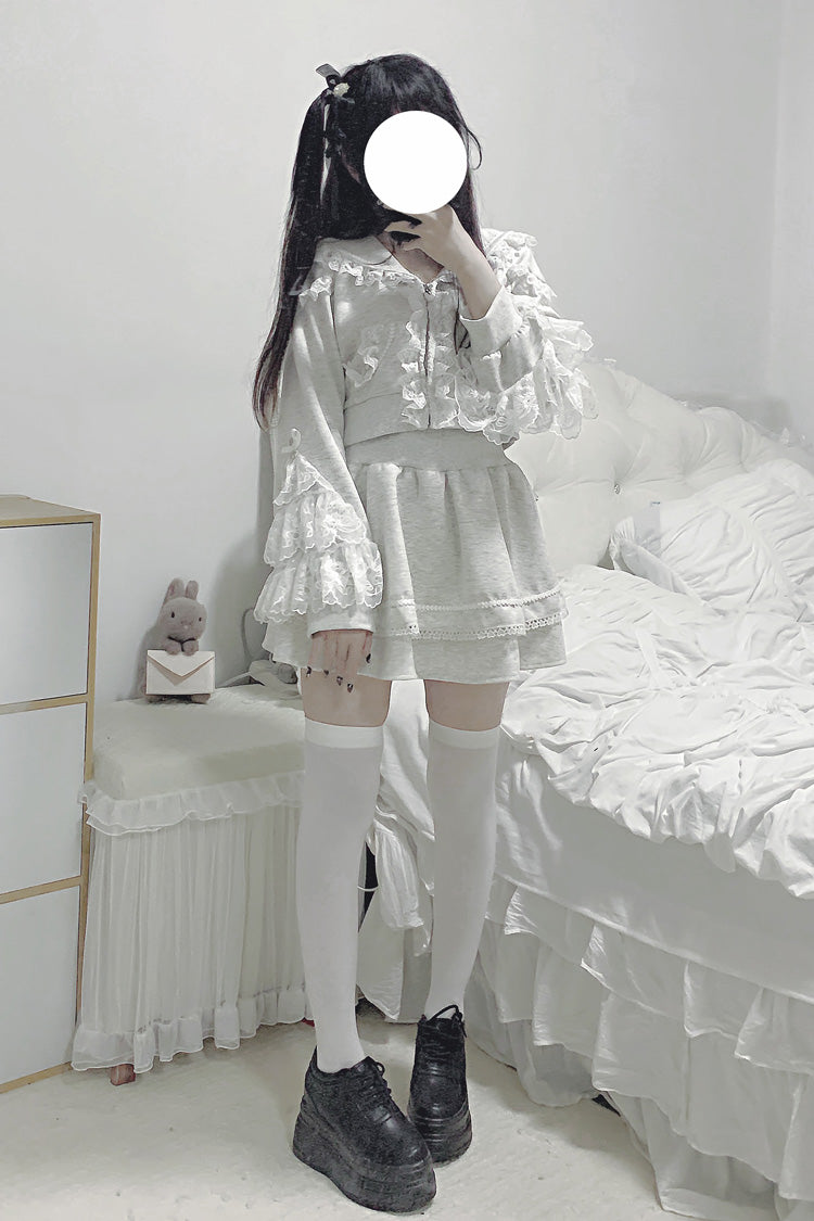 Grey Long Sleeve Ruffled Lace Hooded Jirai Kei Skirt Set