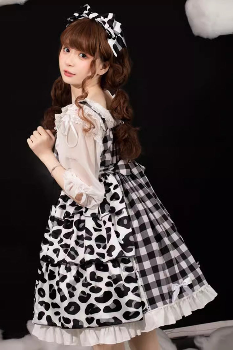 Monochrome Sweet JSK with Plaid, Cow Print, Bow, and Cat Claw Motifs