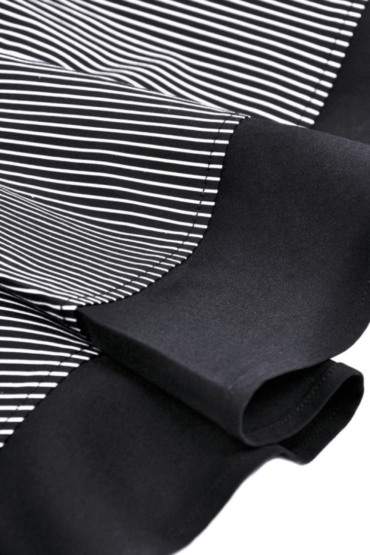 Black/White Notch Collar Puff Sleeve Gothic Striped Preppy Dress