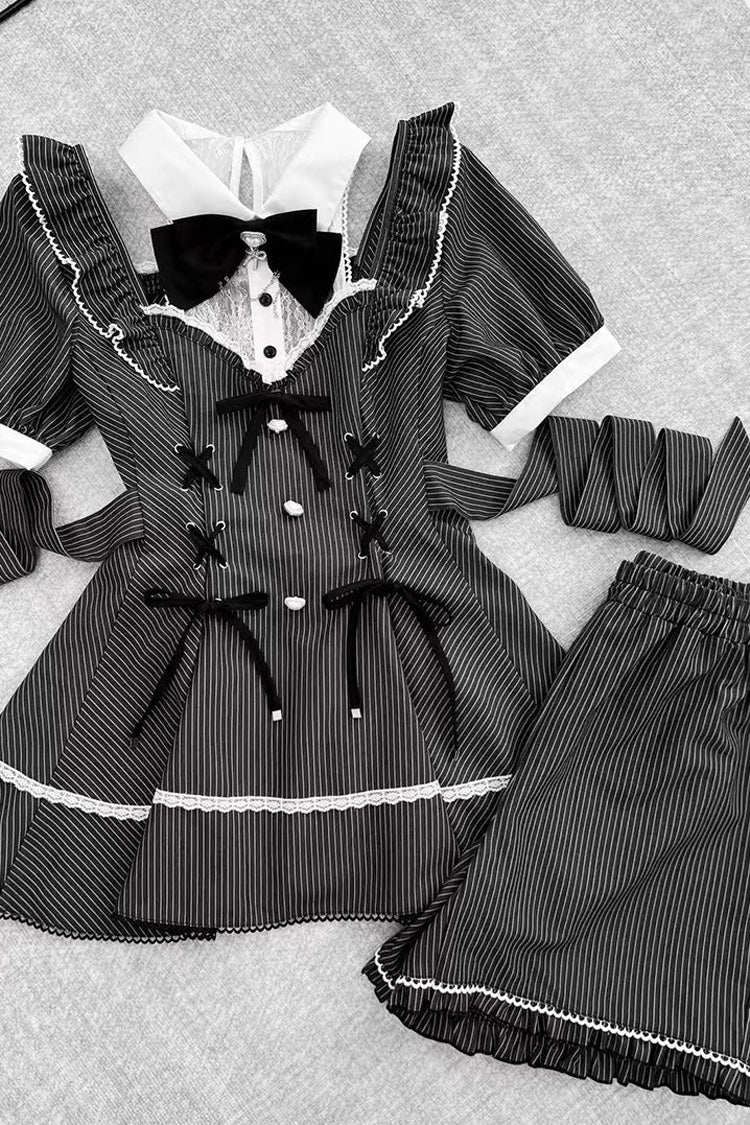 Black Short Sleeve Striped Print Bow Lace-Up Gothic Plus Size Jirai Kei Dress
