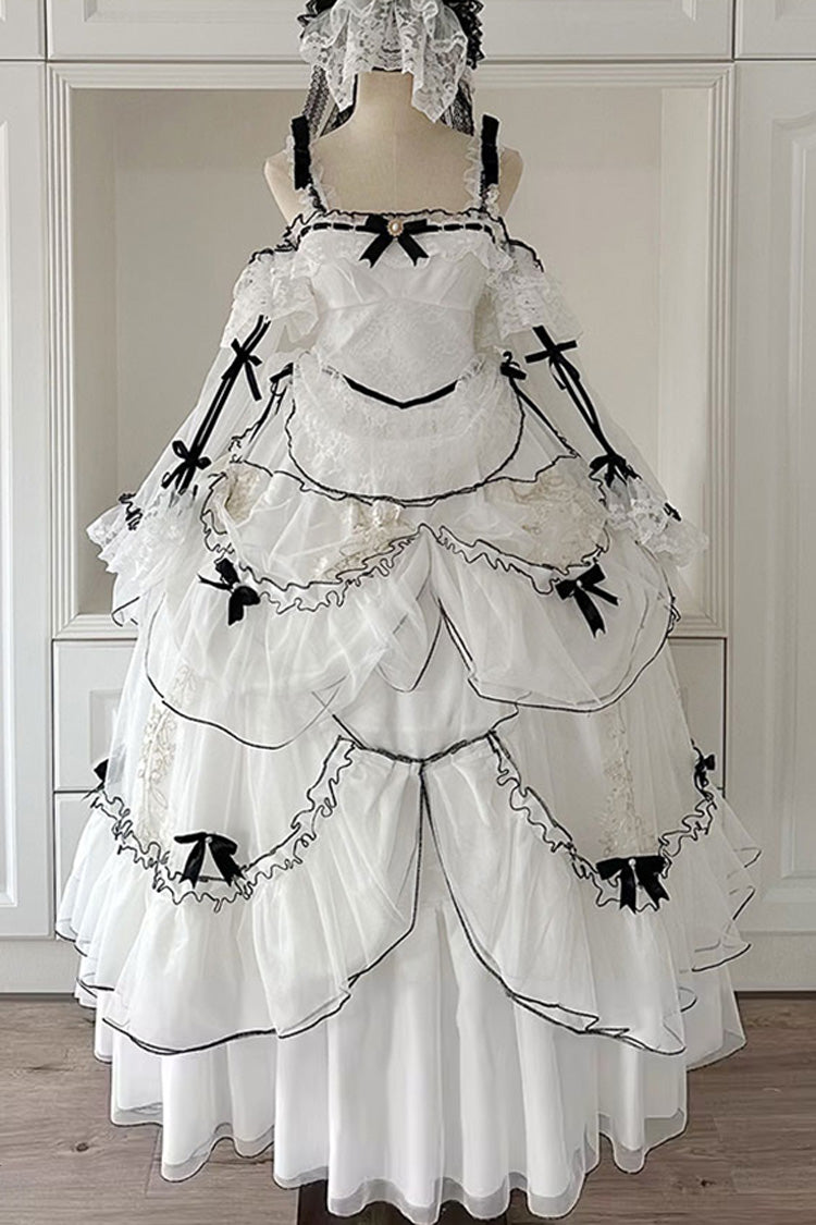 Cascade Poem Sleeveless Multi-Layered Ruffled Hanayome Bow Lace Gothic Plus Size Gorgeous Lolita JSK Long Dress - White