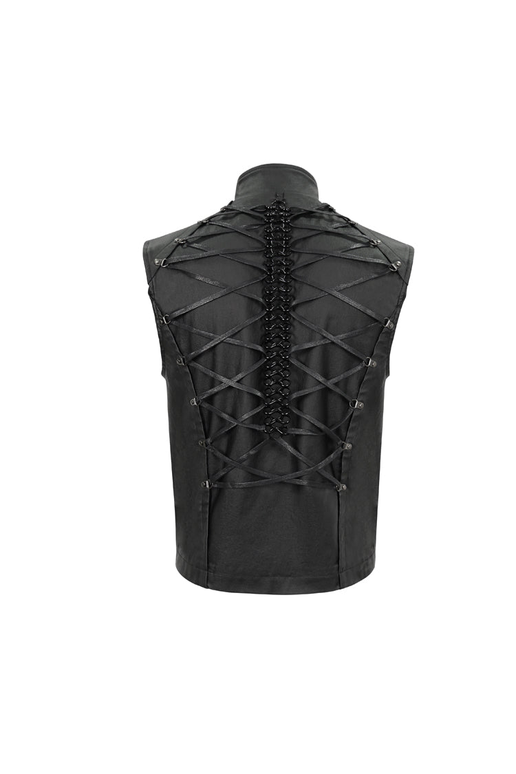 Men's Punk Vest in Black with Front & Rear String, Stretch Cotton & Stand Collar