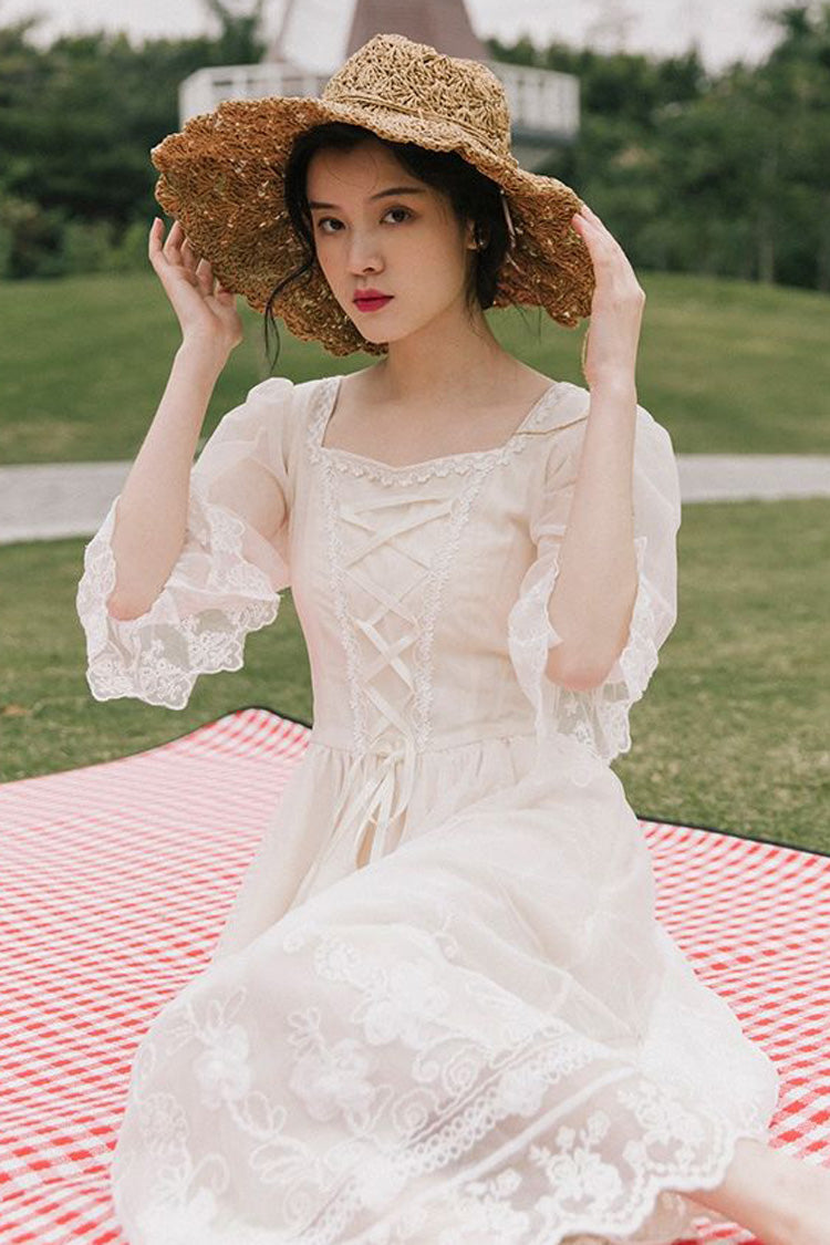 Ivory Sweet Lolita OP Dress with Lace Floral Embroidery and Half Sleeves