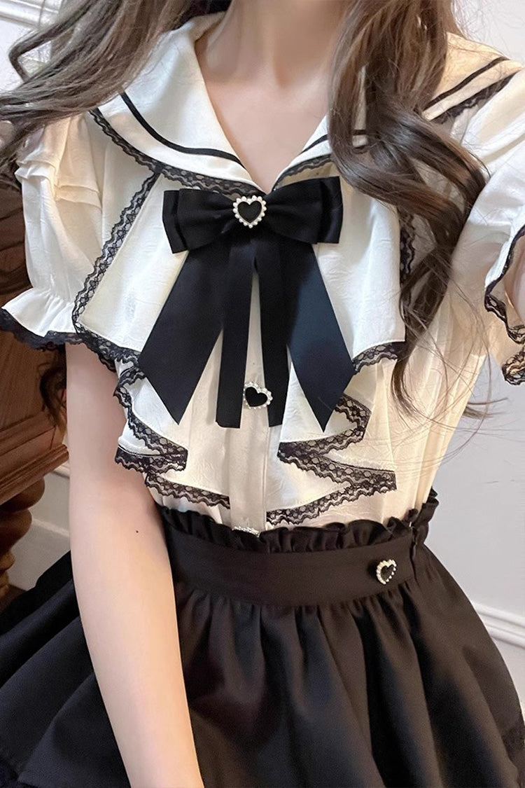 Monochrome Sailor-Collar Jirai Kei Skirt Set with Multi-Layered Ruffles and Bow