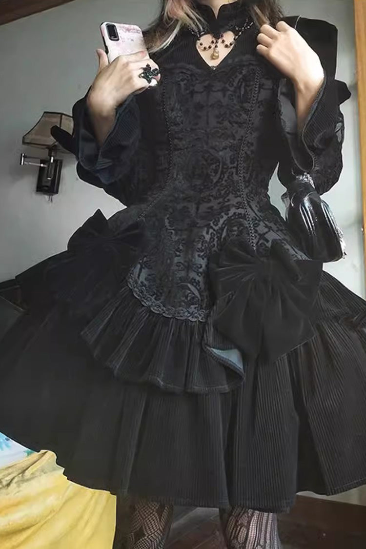 Black Gothic Lolita Long Sleeve Jacquard Print Ruffle Dress
