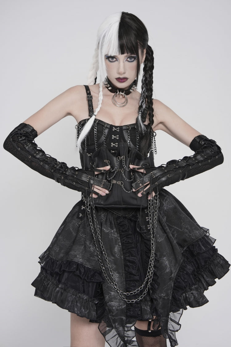Noir Punk Fingerless Gloves with Mesh and Eyelets
