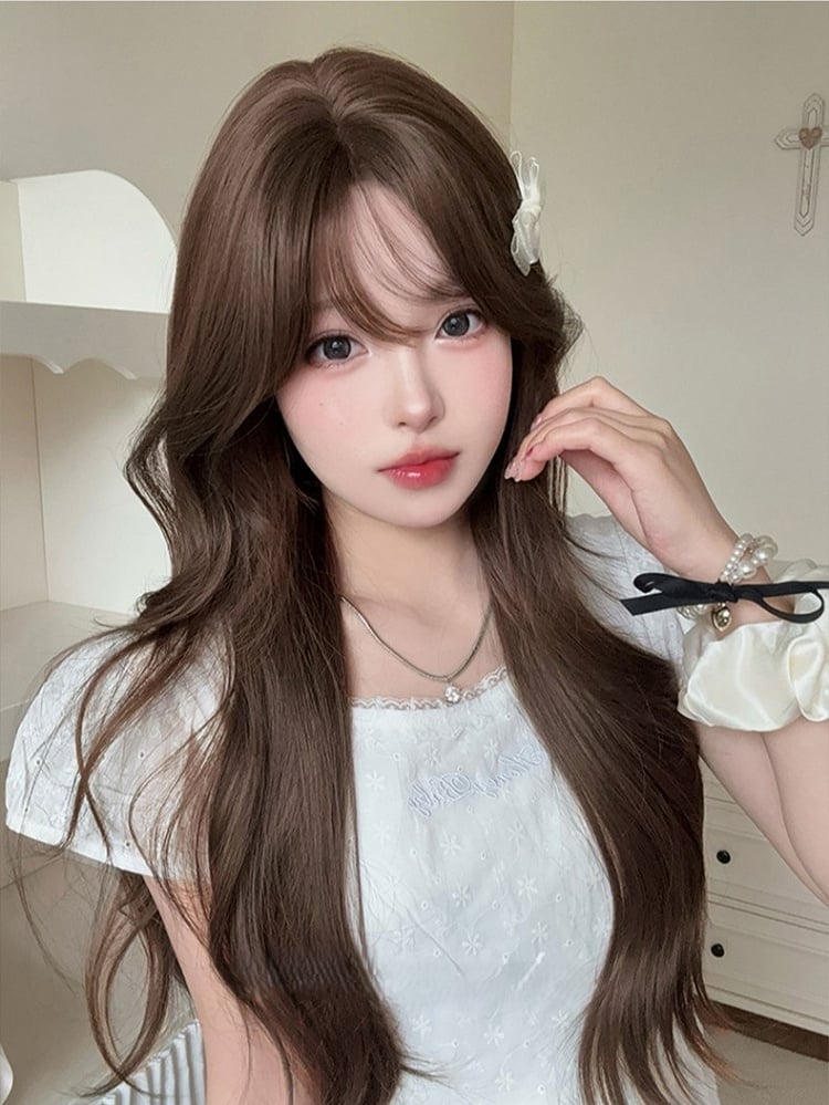 Brown Length Wavy Wig Air With Bangs 71CM