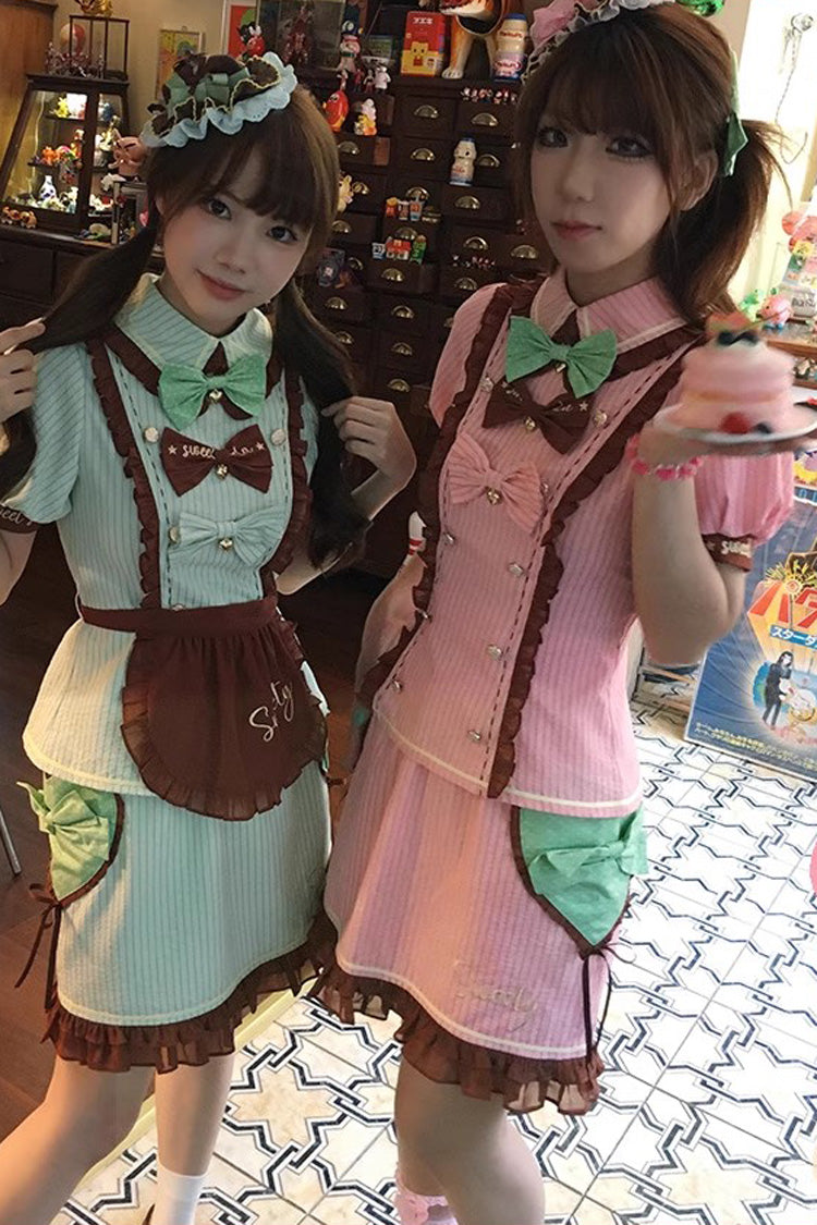 Pink Vintage Apron Bow Print Soda Lolita Skirt Ensemble - Sweet Soda