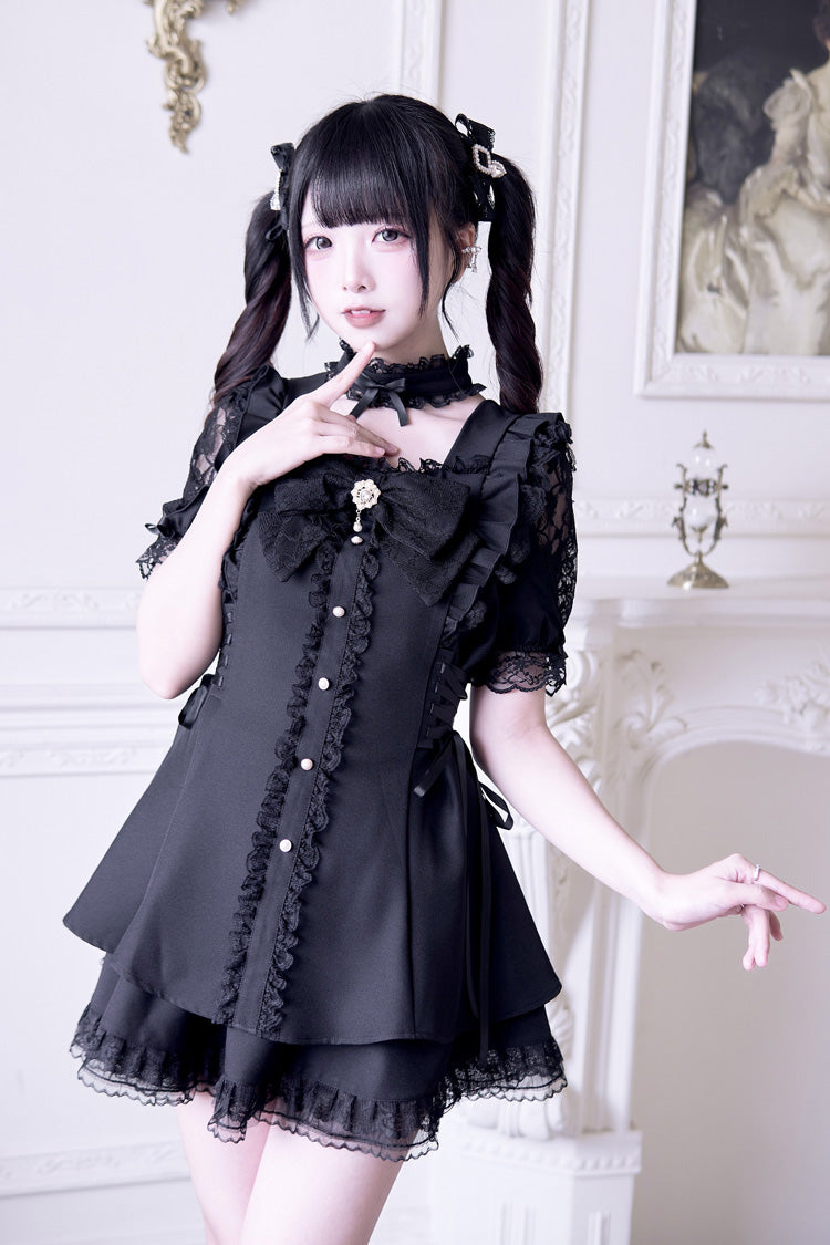 Noir Short Sleeve Ruffle Bow Gothic Jirai Kei Set - Waltz