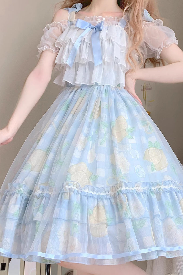 Blue Lemon Sweet Lolita Short Sleeve Print Ruffle Bowknot Jsk Dress