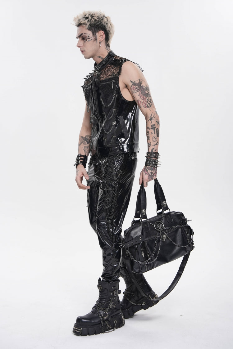 Noir Punk Vest with Chains, Studs, and Mesh Accents