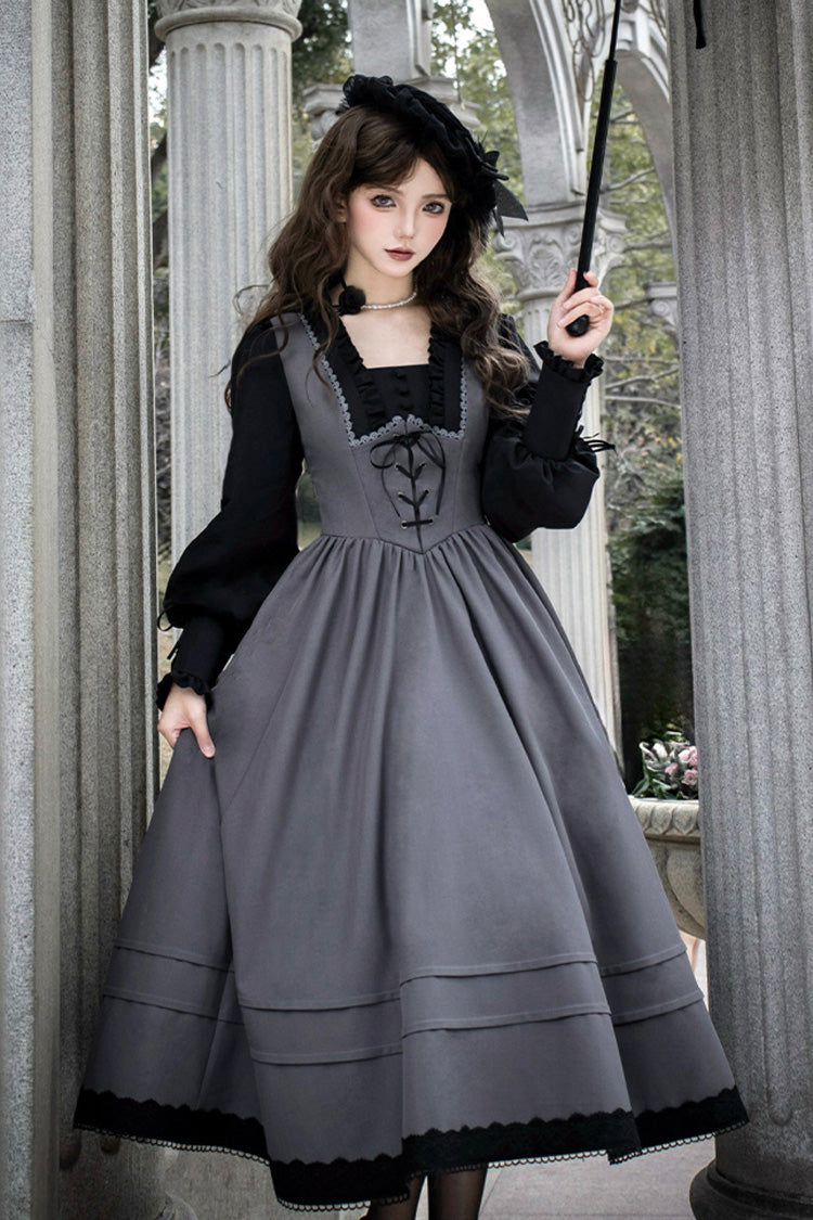 Ash Square-Collar Color-Block Lolita Gown with Lace-Up Bow