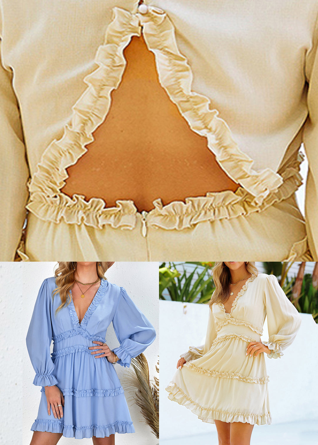 Slim Neck V Dress Apricot Solid Mid Fall