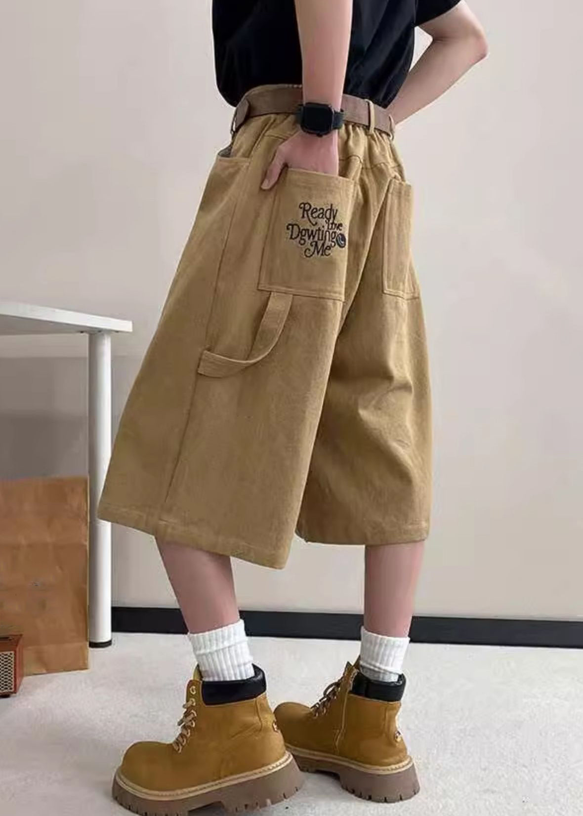 Khaki Pockets High Waist Letter Crop Pants Summer Art Mens