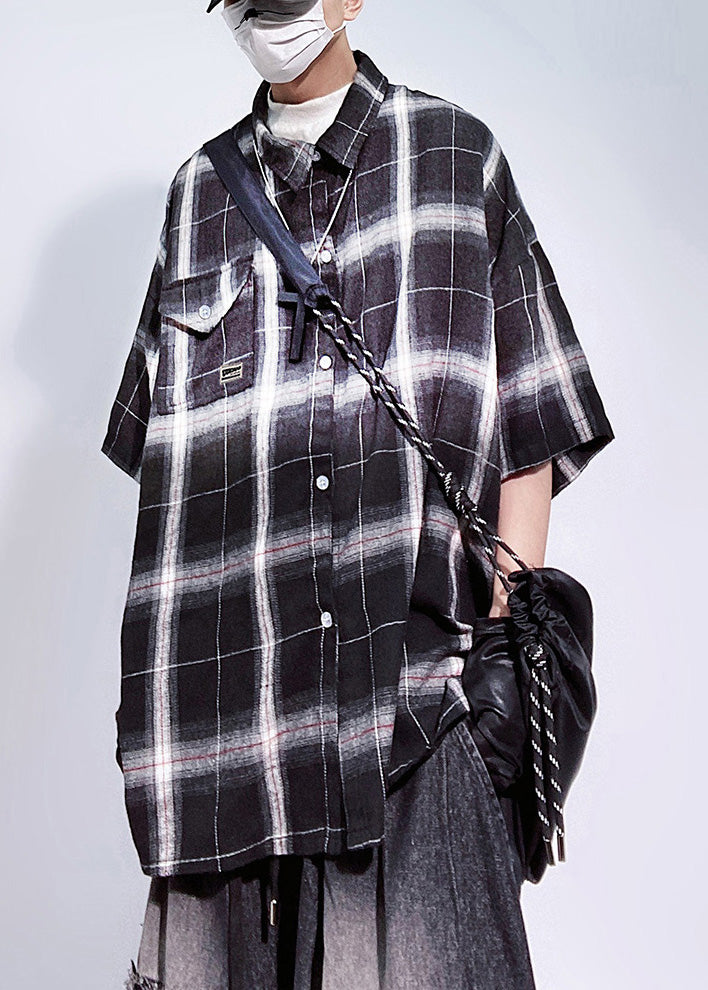 Mens Plaid Shirts Art Red Sleeve Pockets Half Cotton Oversized