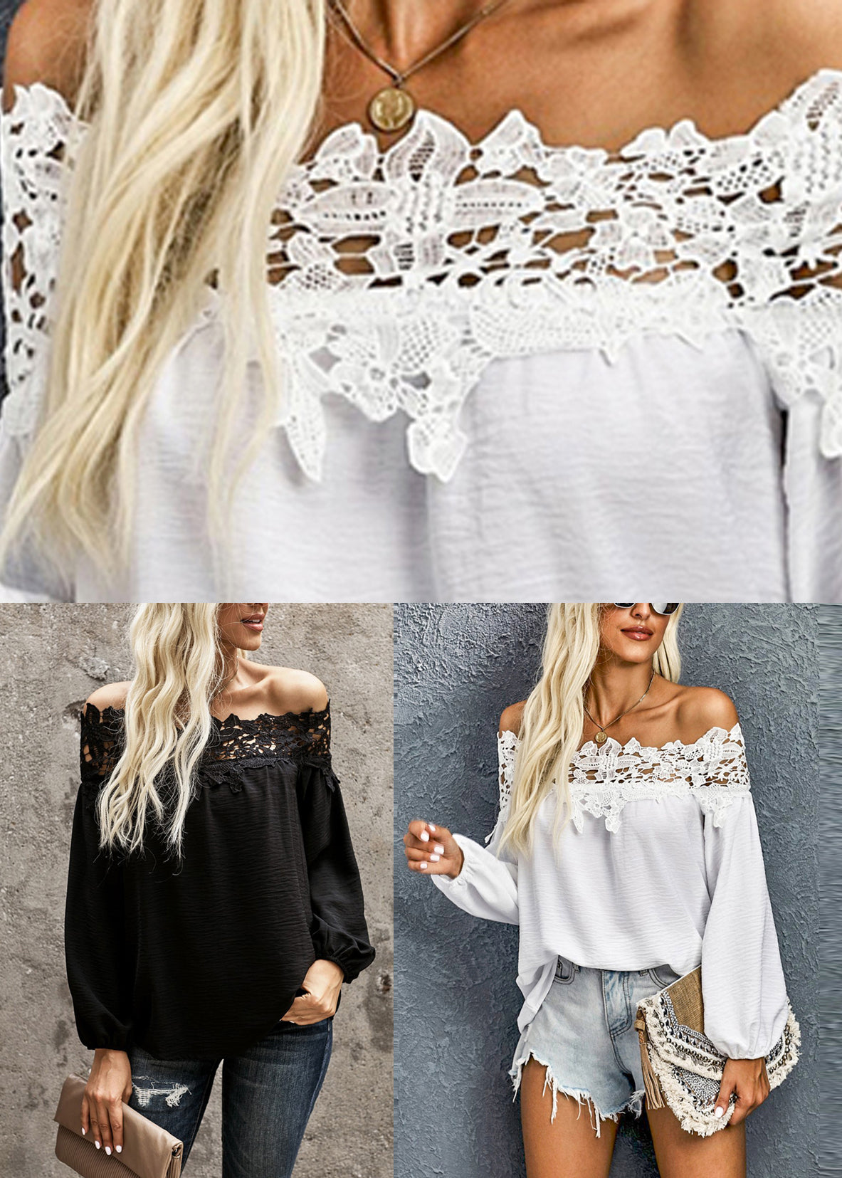 Shirt Patchwork Sleeve Slash Neck Black Lace Lantern