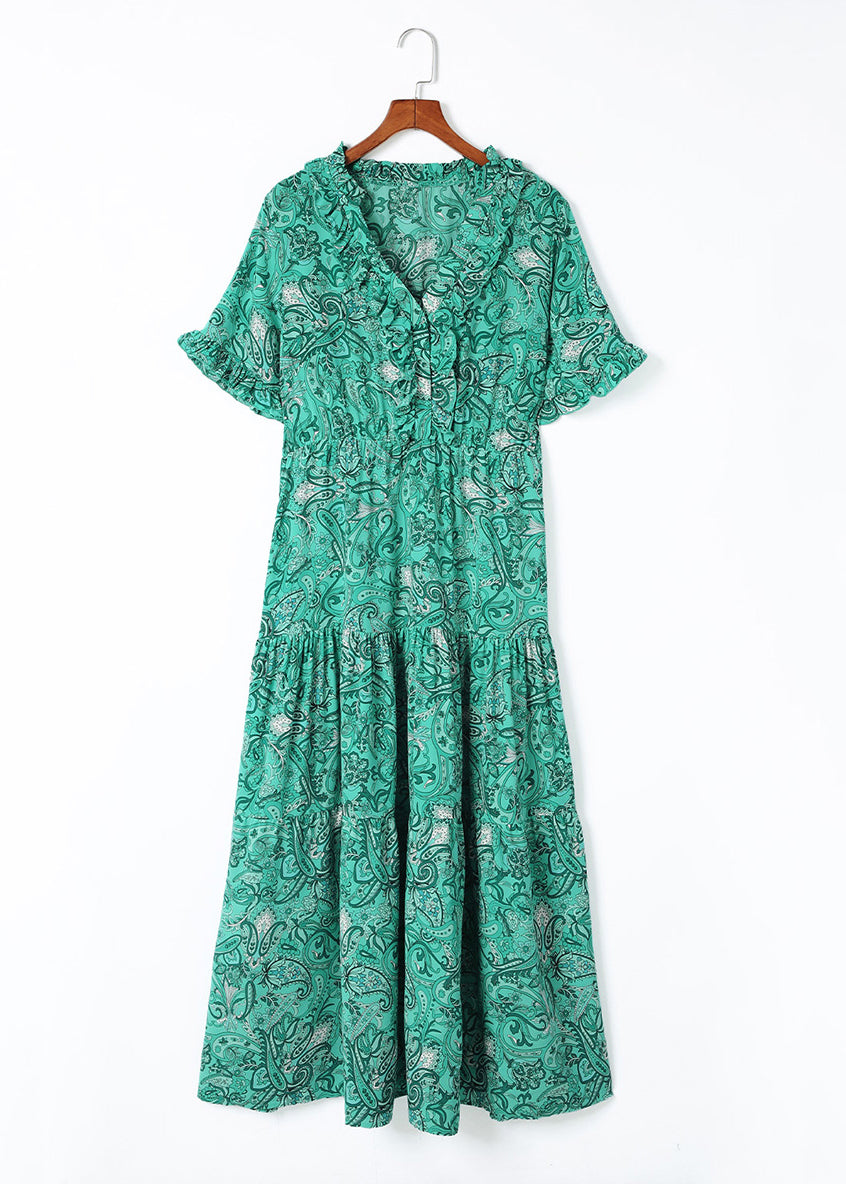 Neck Print Bohemian Long Green Short Sleev V Dress