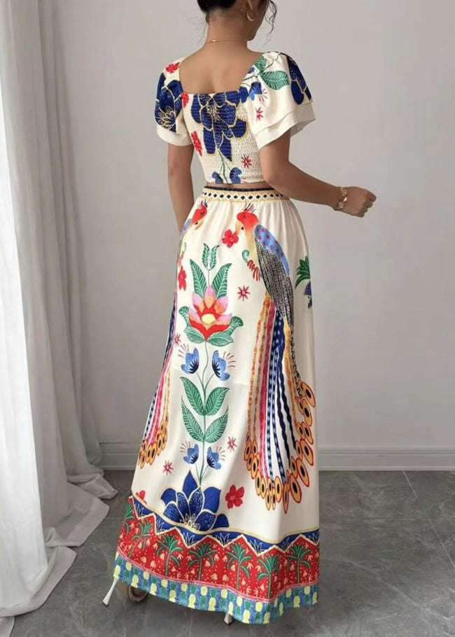 Two Top Piece Print And Collar Set Boho Square Maxi Summer Skirts