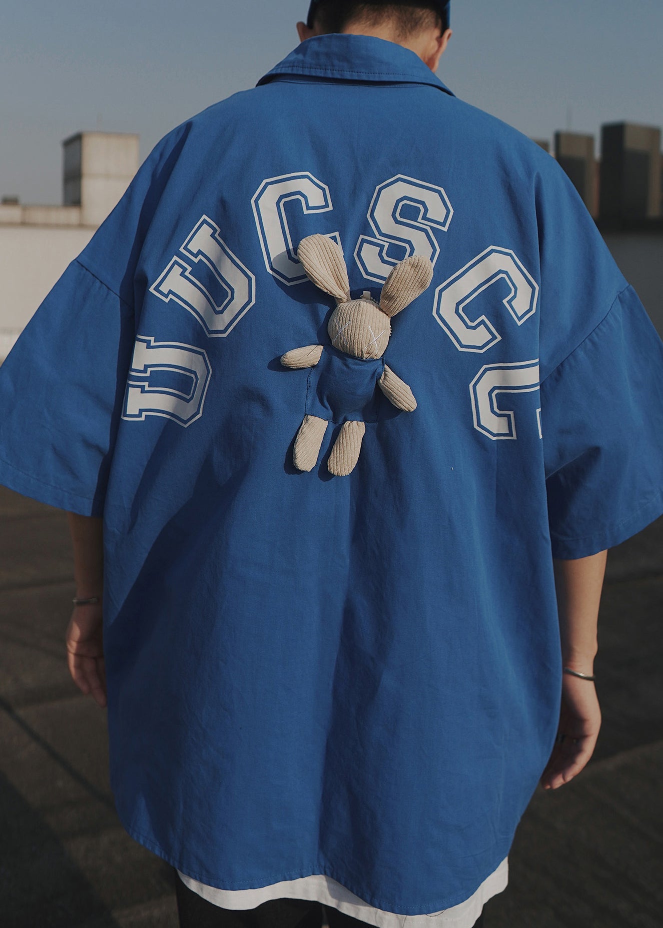 Casual Sleeve Cotton Half Men Blue T Letter Shirts Oversized Patchwork