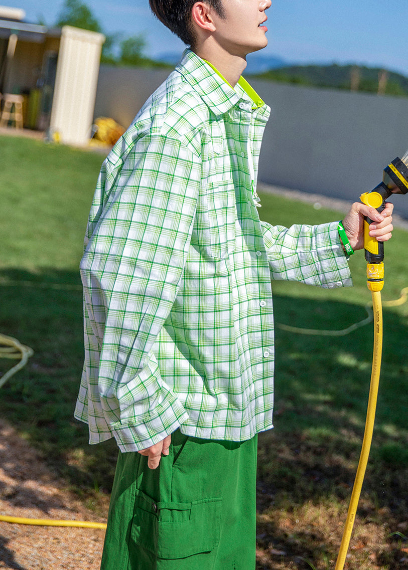 Cotton Spring Button Oversized Men Casual Shirts Green Plaid