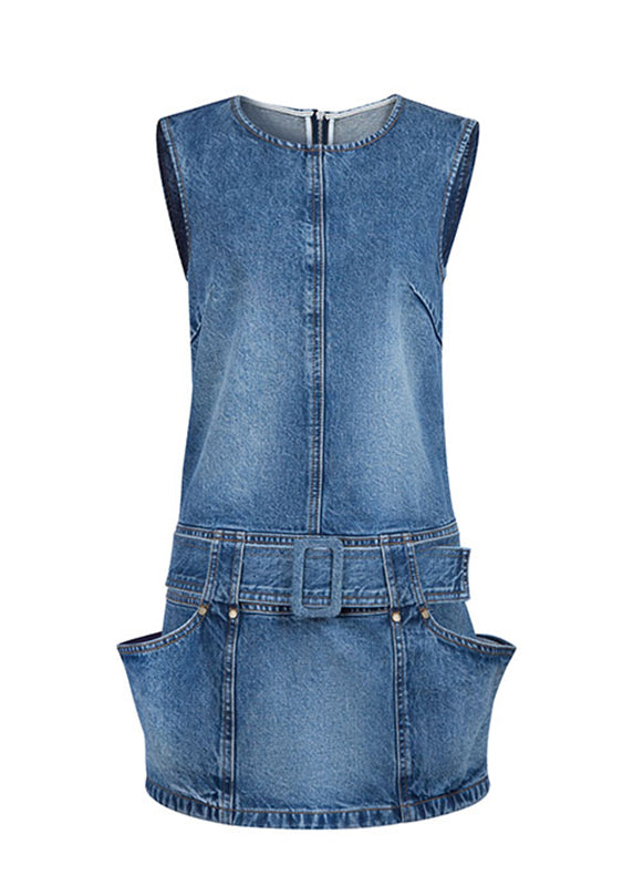 Dress Blue Mid Patchwork Sleeveless Chic Sashes O-Neck Denim