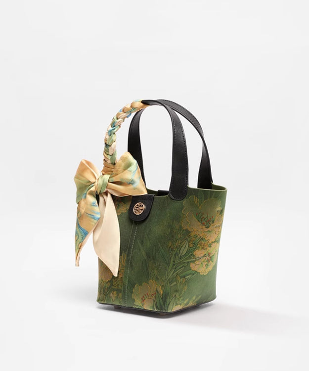 Chinese Silk Tote Print Green Handbag Style Versatile
