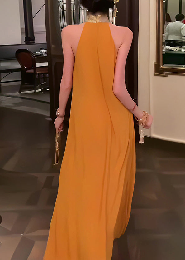 Collar Yellow Dress Chinese Stand Patchwork Long Summer Style