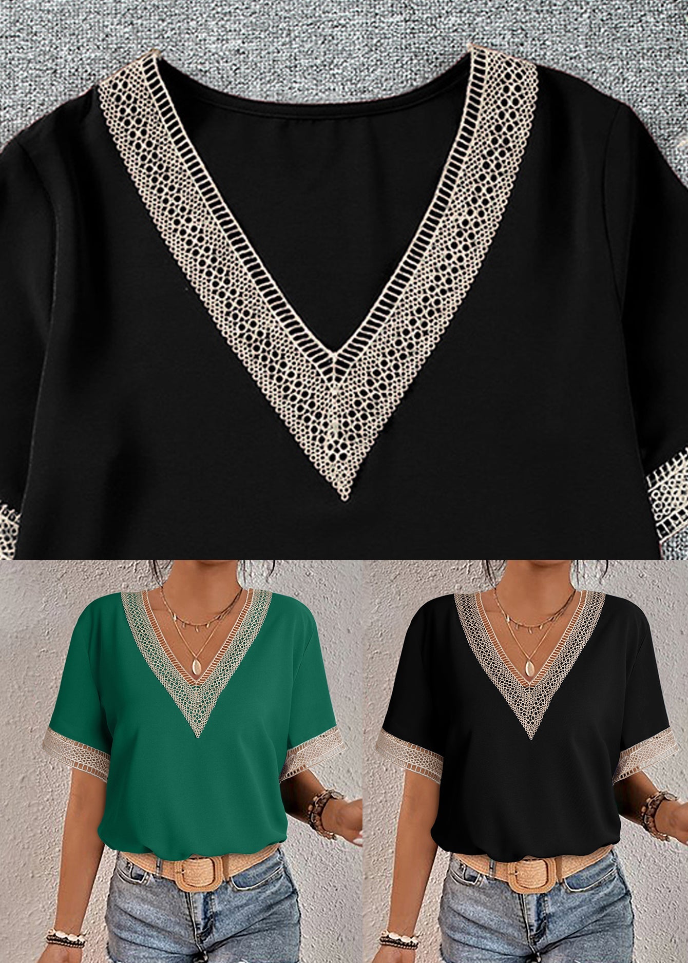Summer T Lace Patchwork Black French Shirts