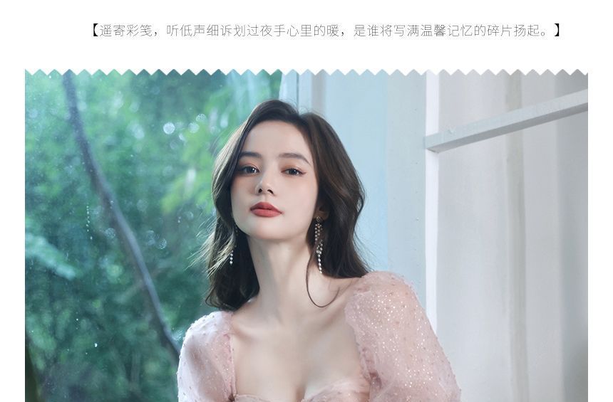 Dotted Puff-Sleeve Prom A-Line Dress