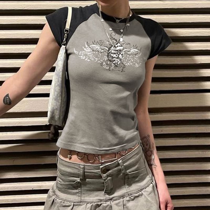 T-Shirt Print Graphic Cap-Sleeve Raglan