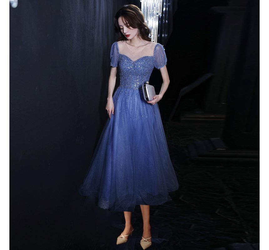 Short-Sleeve Mesh Evening Round A-Line Sequin Gown / Neck Cocktail Dress