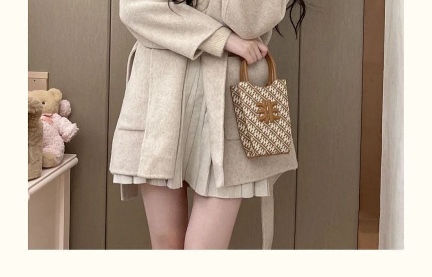 Faux Fur Trim Plain Hooded Tie-Waist Woolen Coat