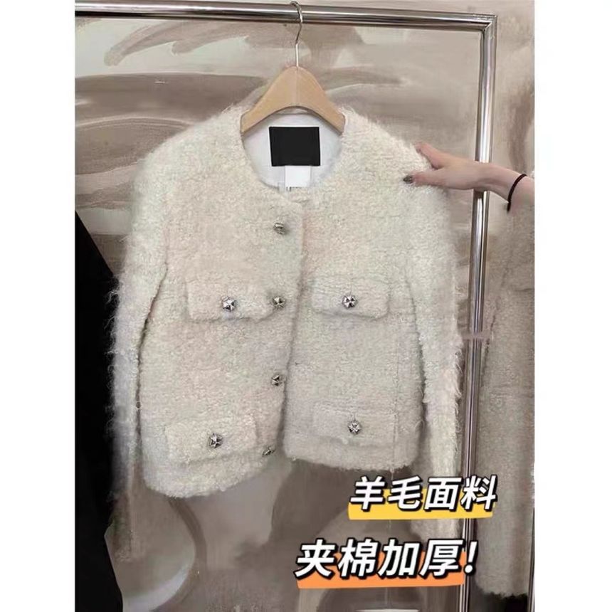 Crew Neck Tweed Button-Up Crop Jacket