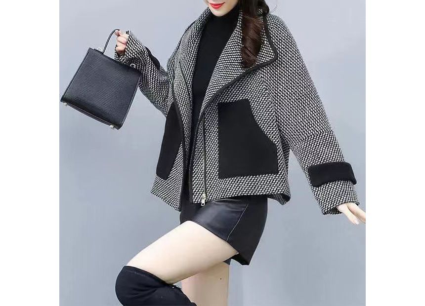 High Neck Contrast Pipping Tweed Zip-Up Jacket