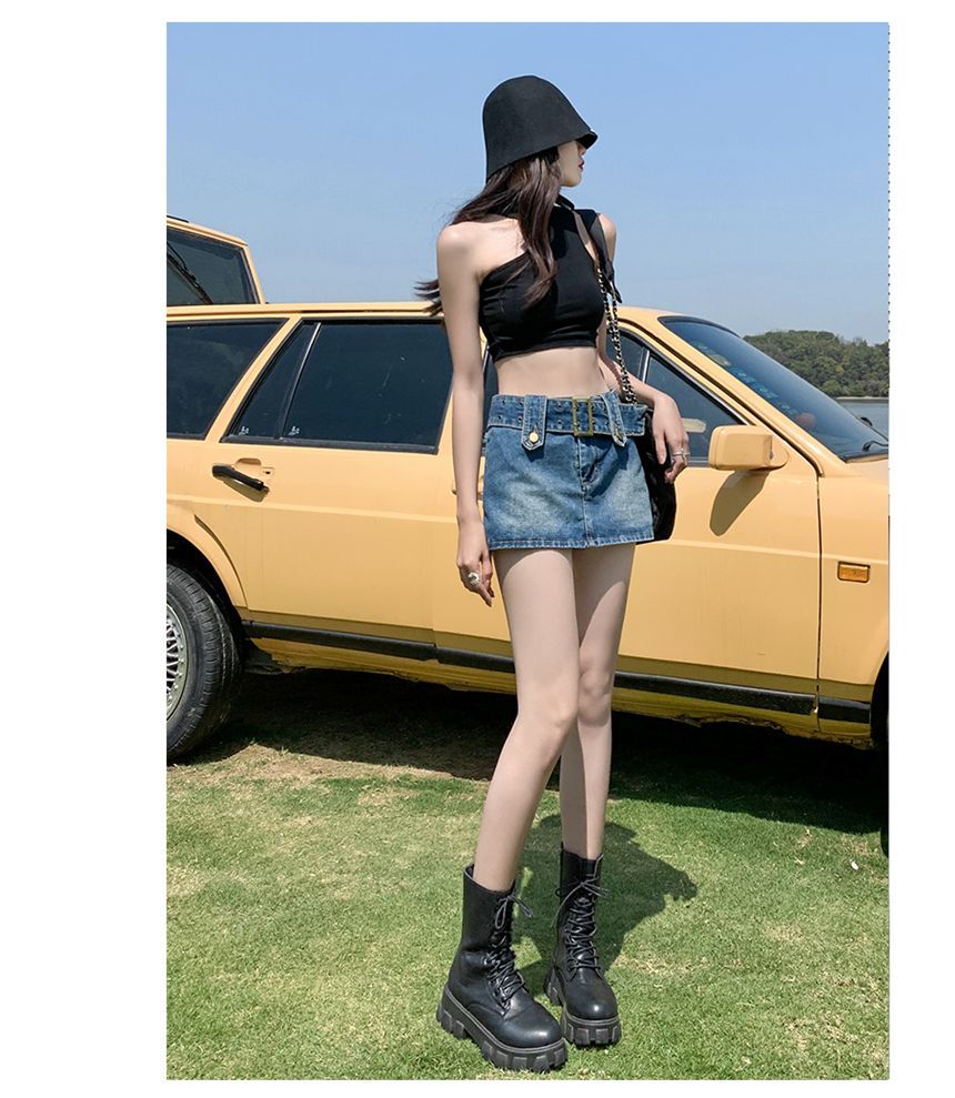 High Waist Washed Denim Skorts