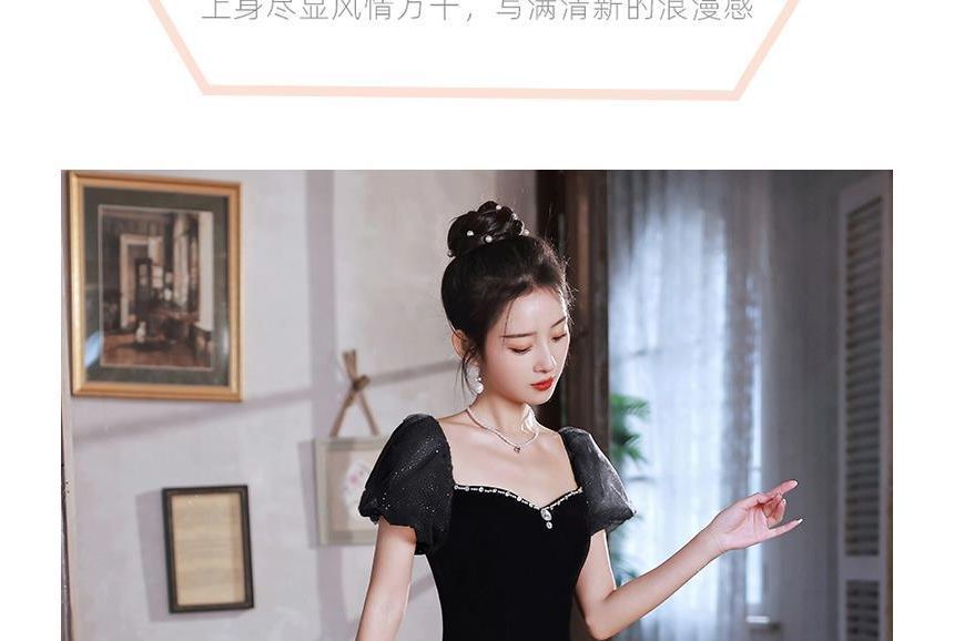 Short-Sleeve Off Rhinestone Glitter Shoulder A-Line Gown Panel Evening Ruffle Velvet