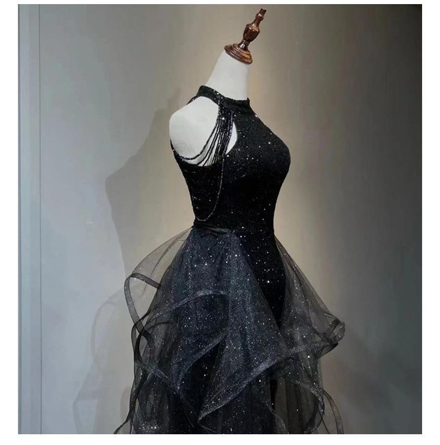 Beaded Crew Panel Neck Ruffle Gown Evening Sleeveless Glitter Mesh Plain A-Line