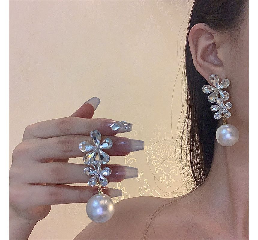 Faux Pearl Earring Flower Drop Rhinestone
