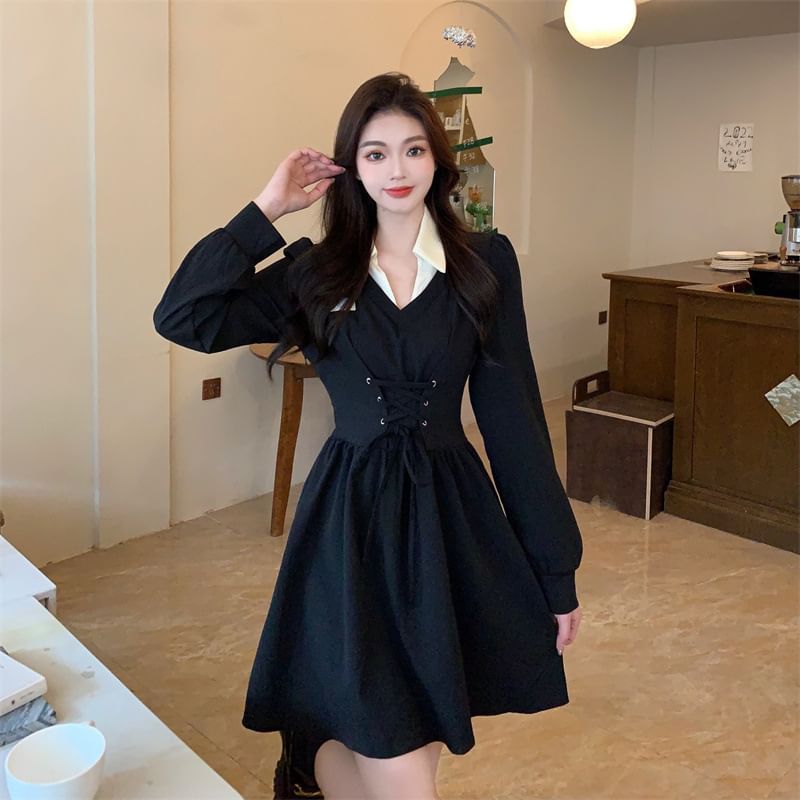 Contrast Collar Mini A-Line Puff-Sleeve Lace-Up Two-Piece Mock Dress