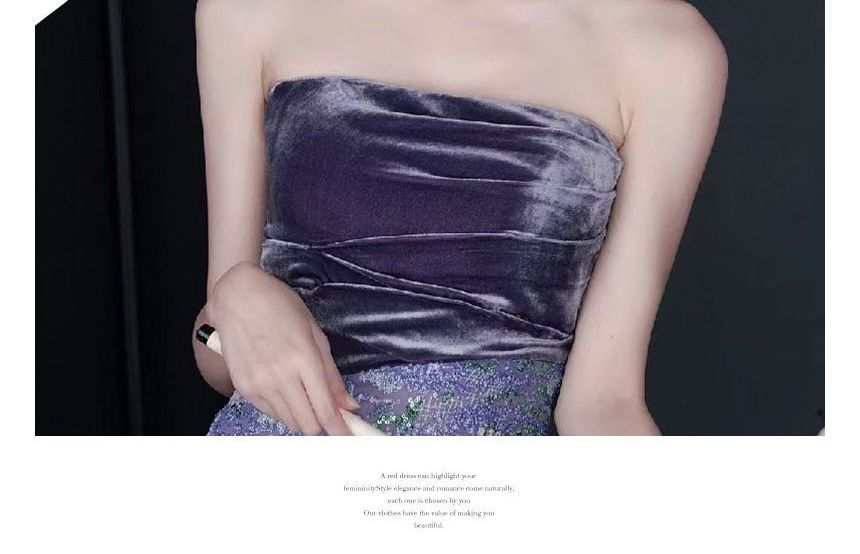 Patterned Sequin Panel Velvet A-Line Tube Evening Gown