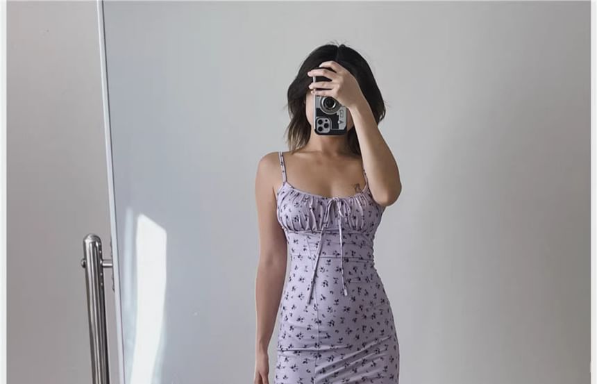 Bodycon Neck Scoop Dress Ruched Floral Midi Strap Print Spaghetti