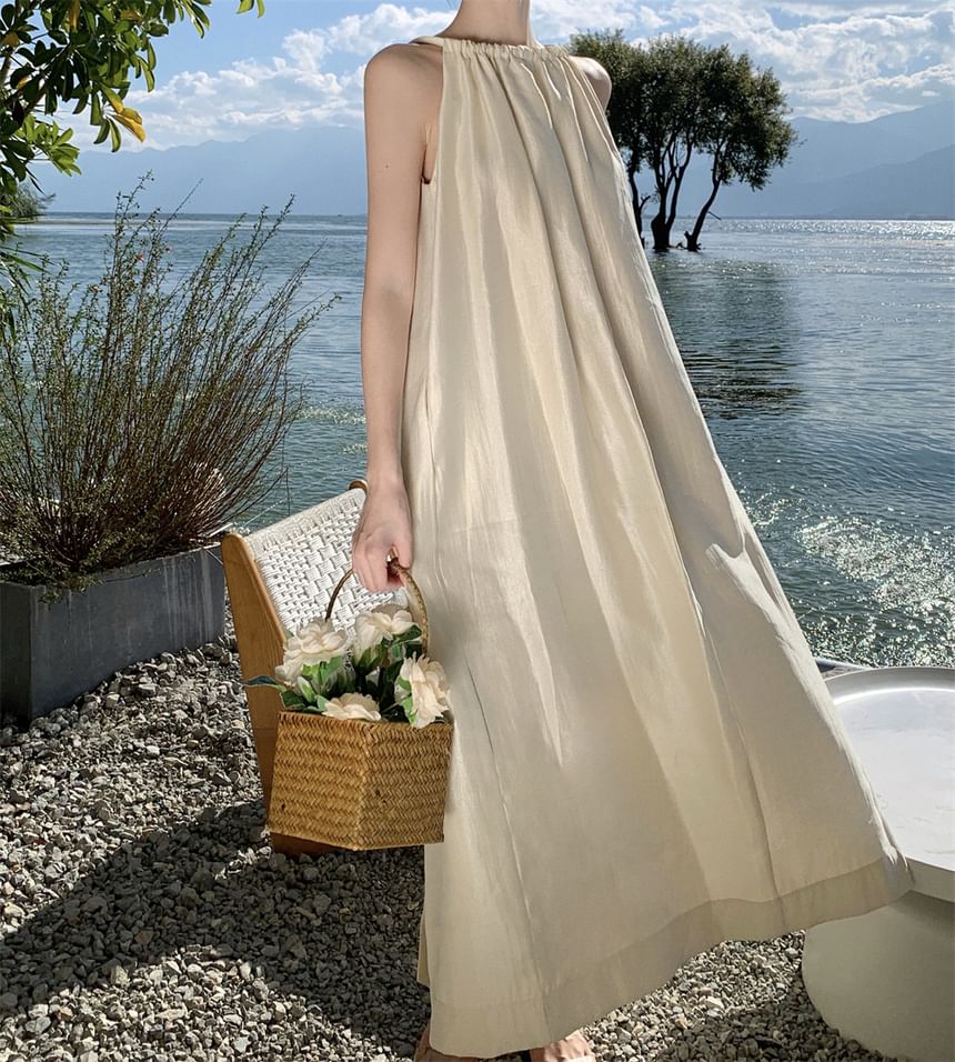 Spaghetti Strap Scoop Neck Plain Cutout Maxi Shift Dress