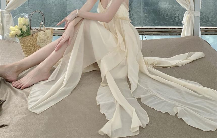 Neck A-Line Trim Open Plain Ruffle Dress Maxi Back Halter Asymmetrical Frill