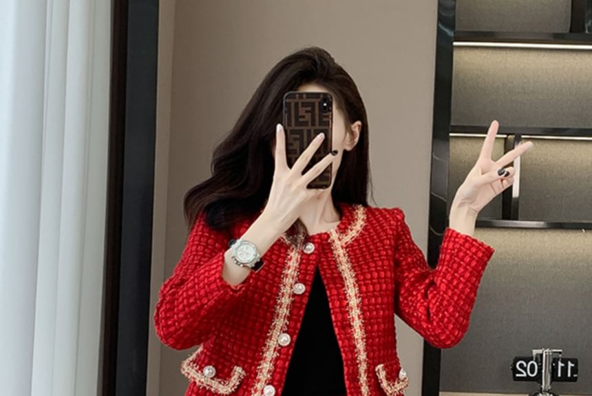 Set: Crew Neck Tweed Contrast Trim Button-Up Crop Jacket + High Waist Mini Straight Skirt